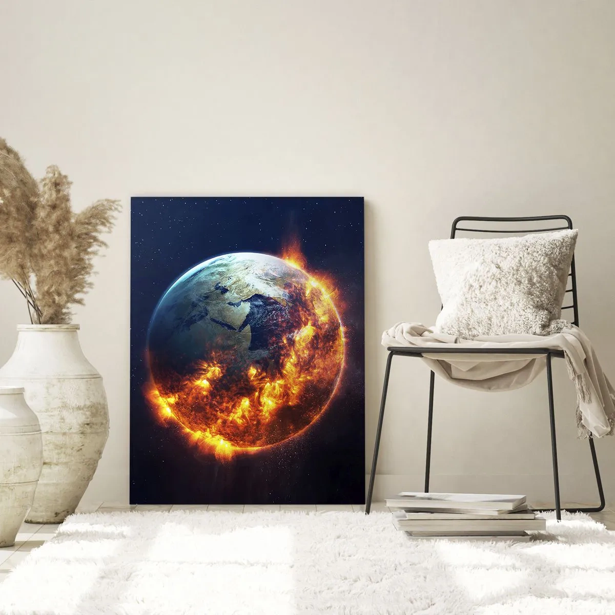 Quadro su vetro - La Terra circondata dalle fiamme nello spazio - 50x70cm - Le fiamme dell'apocalisse - Decorazione murale moderna per soggiorno e camera da letto ARTTOR
