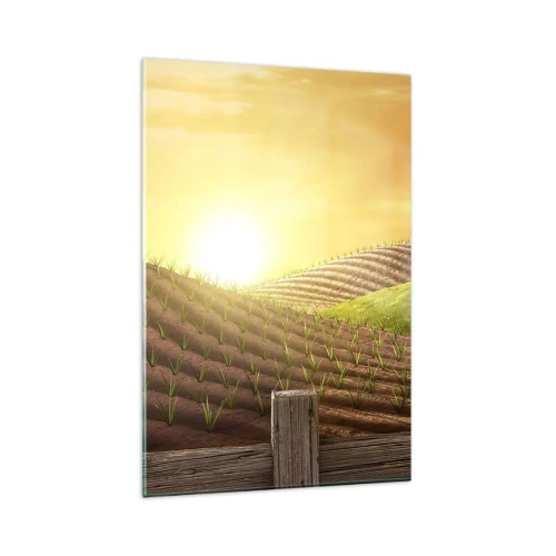 Quadro su vetro - Paesaggio rurale con un fienile rosso, un trattore e l'alba - 80x120cm - La fattoria delle favole - Decorazione murale moderna per soggiorno e camera da letto ARTTOR