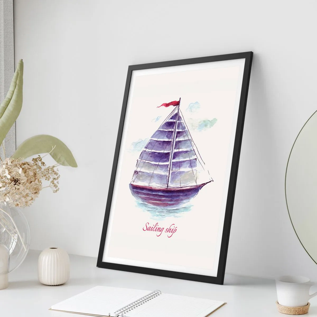 Poster in cornice nera - Illustrazione ad acquerello di una nave a vela in acque calme - 50x70cm - Gonfie vele e mare calmo - Decorazione murale moderna per soggiorno e camera da letto ARTTOR
