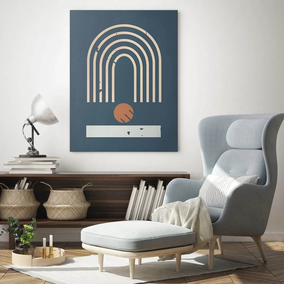 Quadro su vetro - Composizione geometrica retrò su sfondo scuro - 50x70cm - Geometria in blu - Decorazione murale moderna per soggiorno e camera da letto ARTTOR