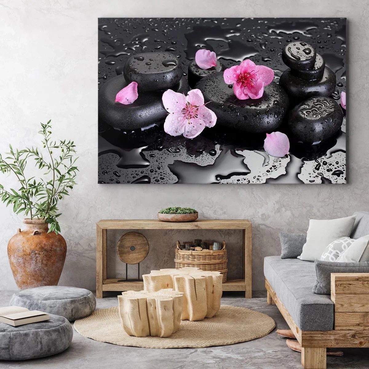 Quadro su tela - Stampe su Tela - Pietre nere e fiori rosa in stile spa - 70x50cm - E il cuore si libera di un peso - Decorazione murale moderna per soggiorno e camera da letto ARTTOR