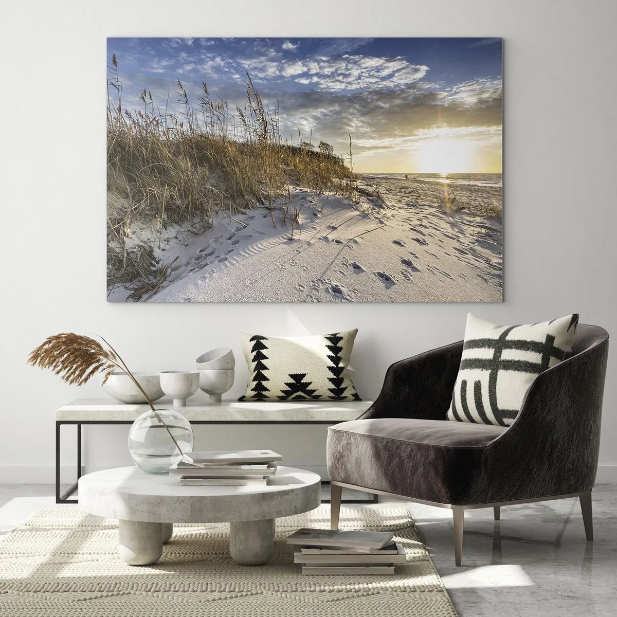 Quadro su vetro - Spiaggia sabbiosa al tramonto con erba vicino alla duna - 100x70cm - Invito a passeggiare - Decorazione murale moderna per soggiorno e camera da letto ARTTOR