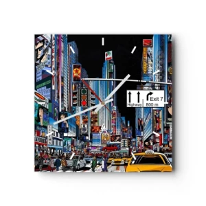 Orologio da parete - Orologio in Vetro - Una città vivace con pubblicità colorate e taxi gialli - 30x30cm - La grande notte dei fumetti - Decorazione murale moderna per soggiorno e camera da letto ARTTOR