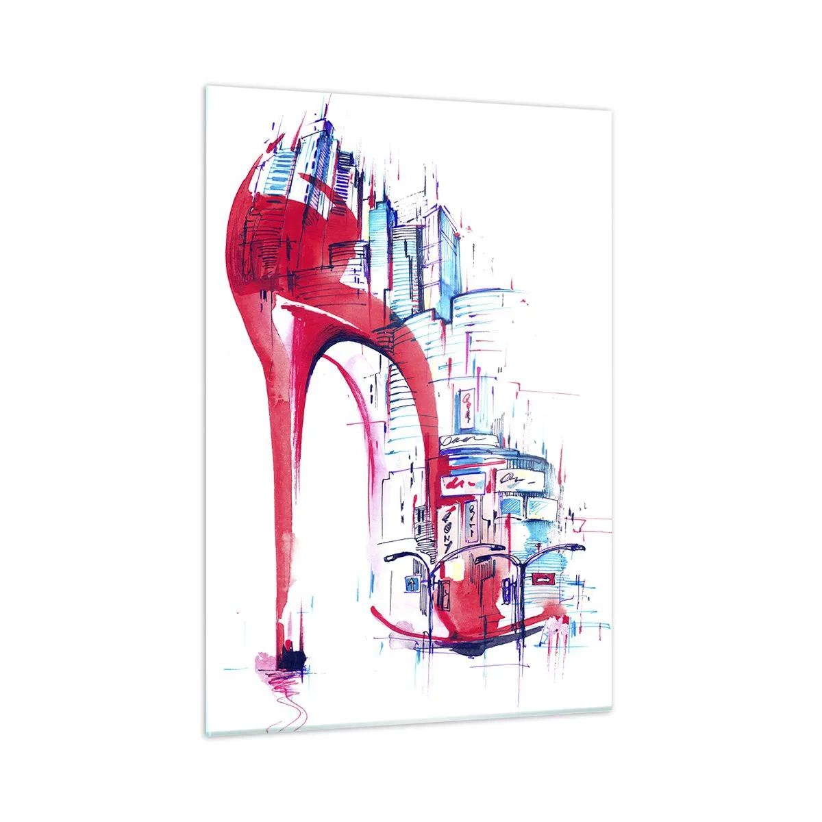 Quadro su vetro - Stiletto rosso con motivo di architettura urbana - 50x70cm - Elegante nella grande città - Decorazione murale moderna per soggiorno e camera da letto ARTTOR