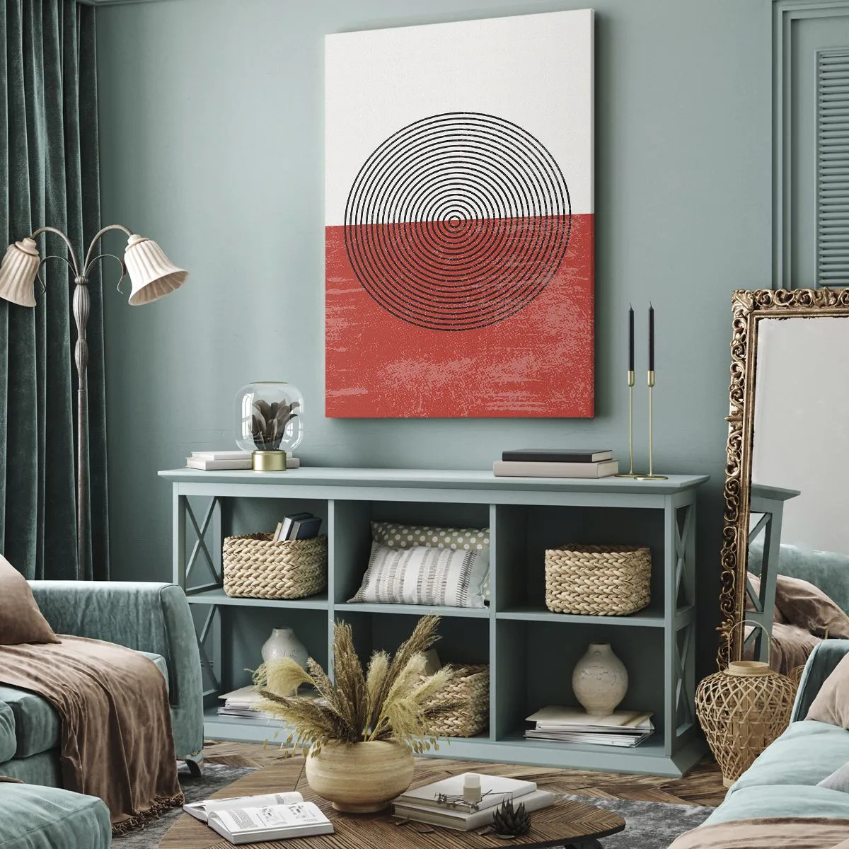 Quadro su tela - Stampe su Tela - Motivo geometrico con cerchi concentrici su sfondo rosso e bianco - 50x70cm - Dritto al centro - Decorazione murale moderna per soggiorno e camera da letto ARTTOR