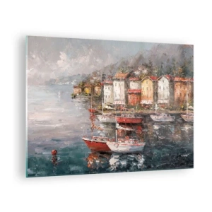 Quadro su vetro - Un porto pittoresco con barche a vela e case colorate - 70x50cm - Molo romantico - Decorazione murale moderna per soggiorno e camera da letto ARTTOR