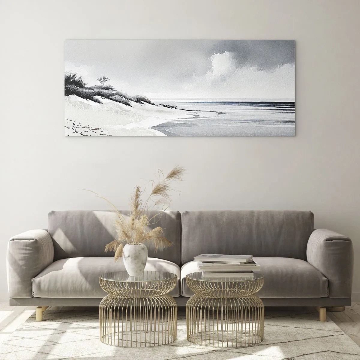 Quadro su vetro - Una spiaggia dalle tenui tonalità di grigio e blu - 120x50cm - Insieme da sempre - Decorazione murale moderna per soggiorno e camera da letto ARTTOR