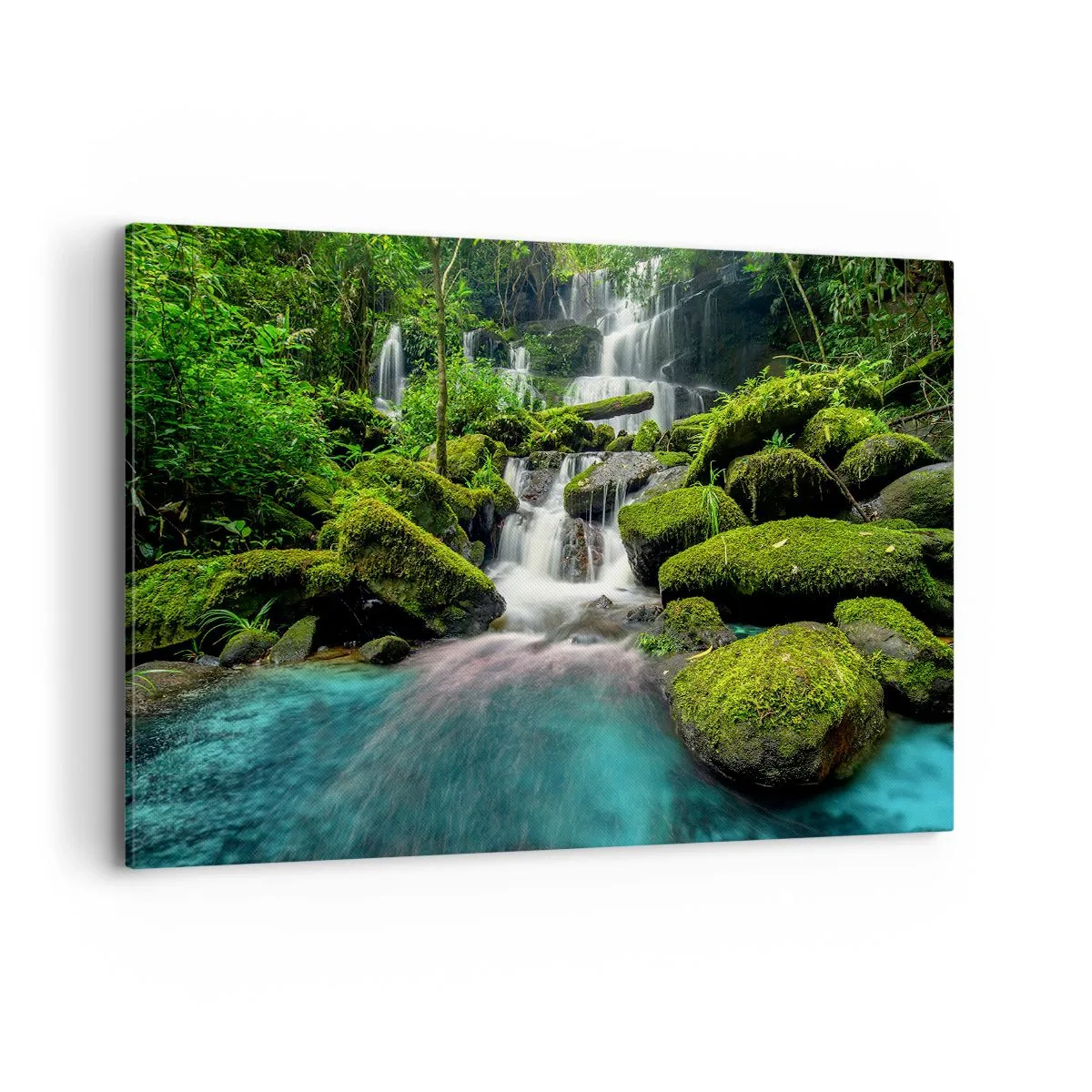Quadro su tela - Stampe su Tela - Una cascata tropicale circondata dal verde e dall'acqua turchese - 120x80cm - Turchese, zaffiro e argento liquido - Decorazione murale moderna per soggiorno e camera da letto ARTTOR