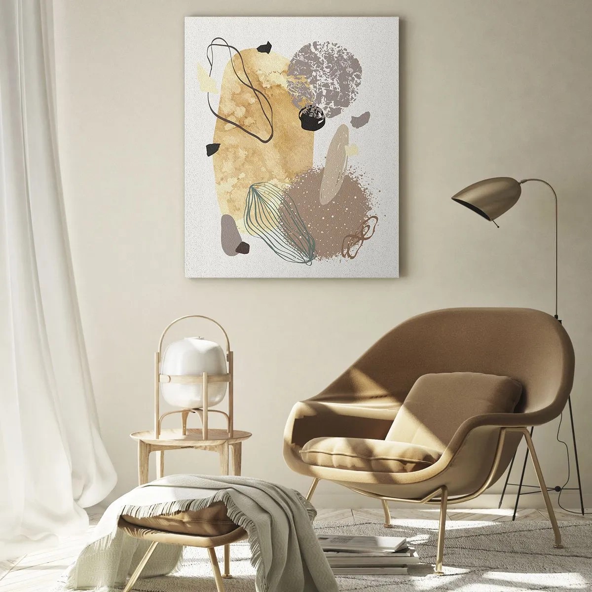 Quadro su vetro - Astrazione beige e marrone con forme irregolari - 50x70cm - Schizzologia applicata - Decorazione murale moderna per soggiorno e camera da letto ARTTOR