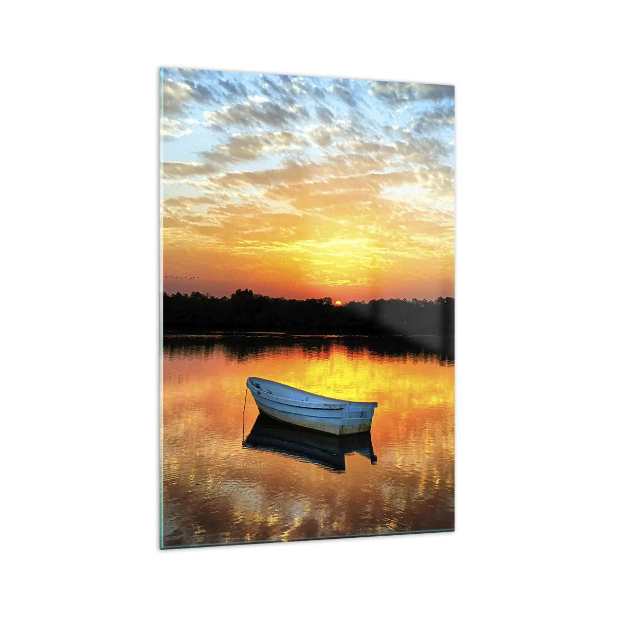 Quadro su vetro - Una barca su un lago calmo durante il tramonto - 70x100cm - Guarda, ascolta, medita - Decorazione murale moderna per soggiorno e camera da letto ARTTOR