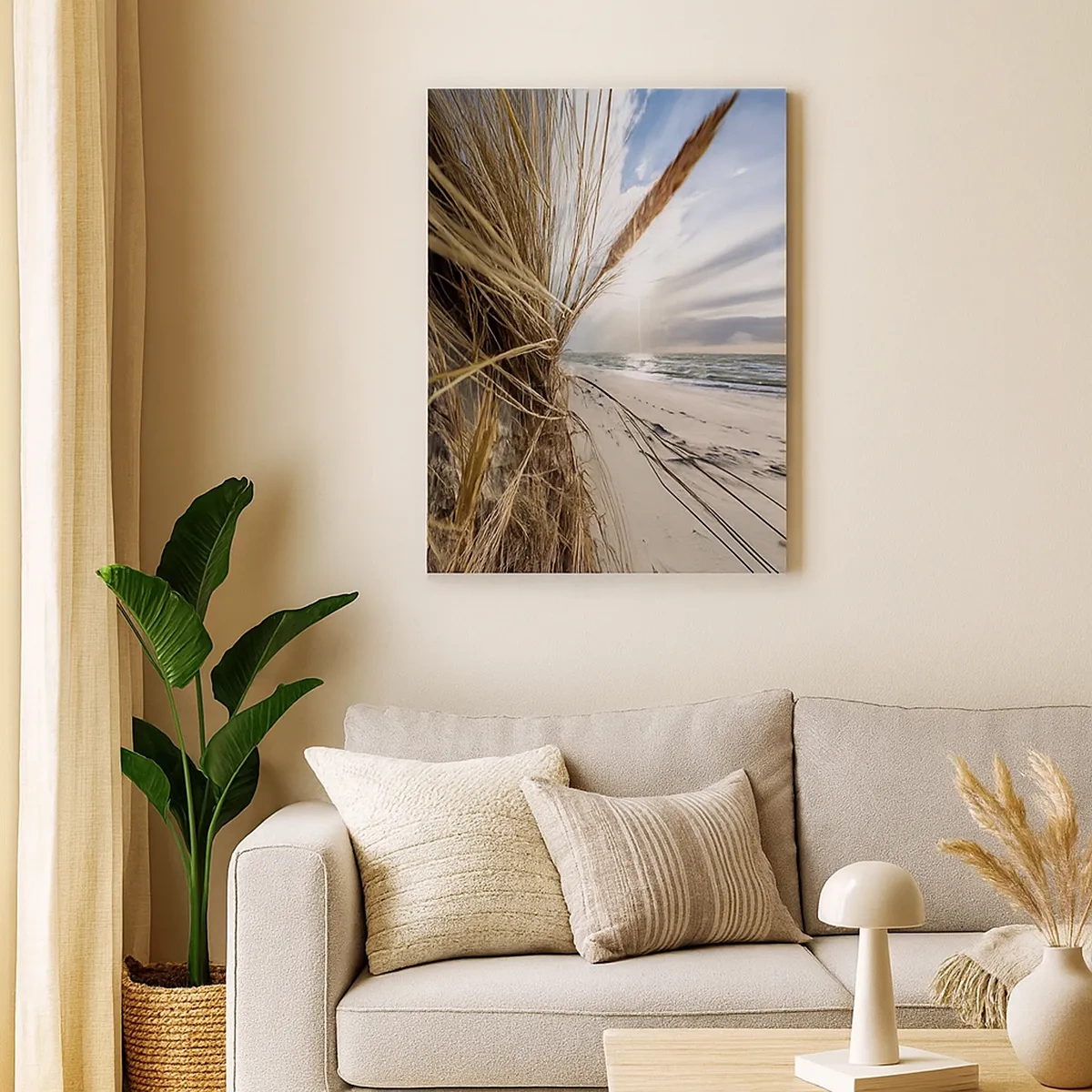 Quadro su tela - Stampe su Tela - Una spiaggia con erba secca sulle dune e vista sul mare - 50x70cm - L'incontro degli elementi - Decorazione murale moderna per soggiorno e camera da letto ARTTOR