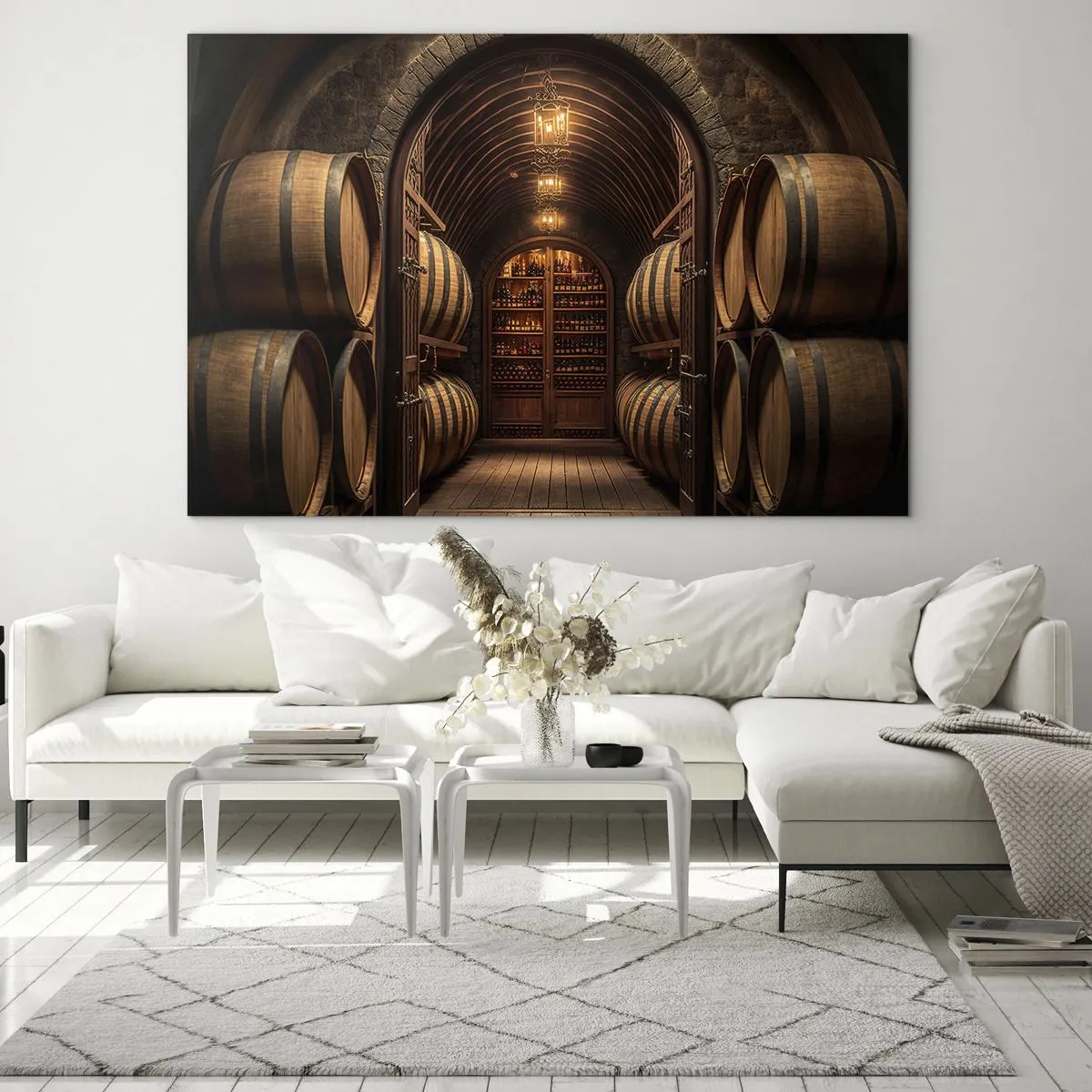Quadro su vetro - Un vigneto con botti e una cantina illuminata piena di bottiglie - 120x80cm - L'atmosfera della cantina - Decorazione murale moderna per soggiorno e camera da letto ARTTOR