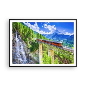 Poster in cornice nera - Montagne russe su un ponte con vista su una cascata e sulle montagne - 100x70cm - Ferrovia alpina - Decorazione murale moderna per soggiorno e camera da letto ARTTOR