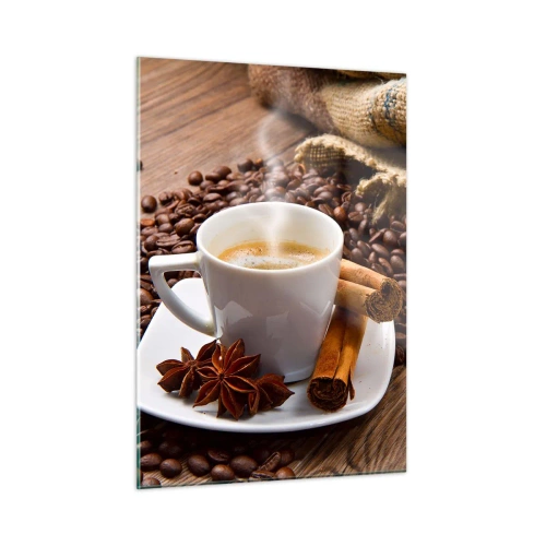 Quadro su vetro - Una tazza di caffè con cannella e chicchi di caffè su un tavolo di legno - 50x70cm - Sapore e profumo speziato - Decorazione murale moderna per soggiorno e camera da letto ARTTOR