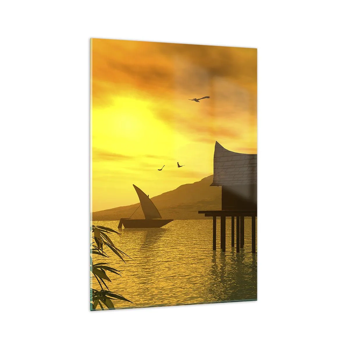 Quadro su vetro - Tramonto tropicale sull'acqua con casa in legno su palafitte. - 70x100cm - Calma desiderata - Decorazione murale moderna per soggiorno e camera da letto ARTTOR