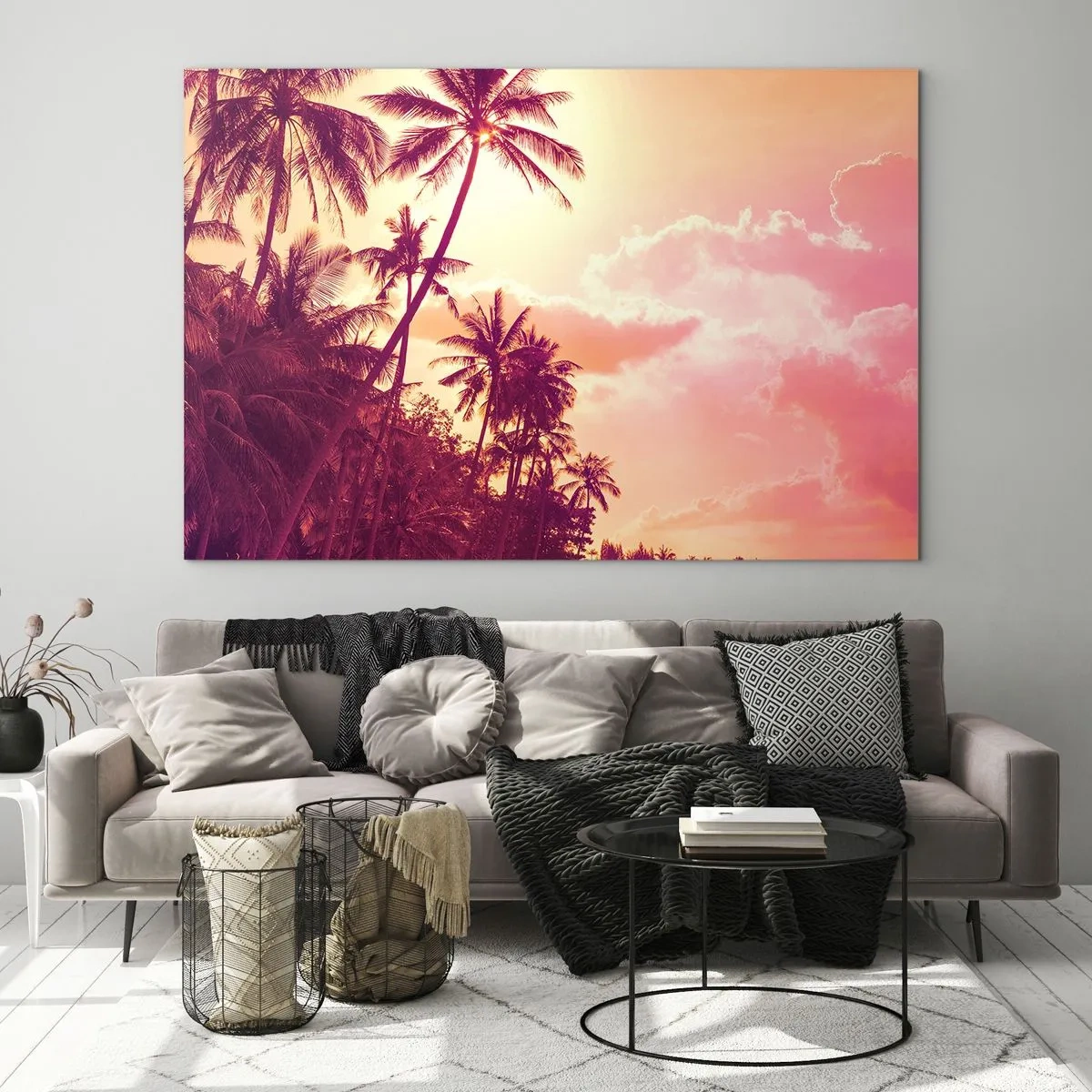 Quadro su vetro - Palme tropicali alla luce del sole al tramonto contro un cielo rosa - 100x70cm - Devi scegliere - Decorazione murale moderna per soggiorno e camera da letto ARTTOR