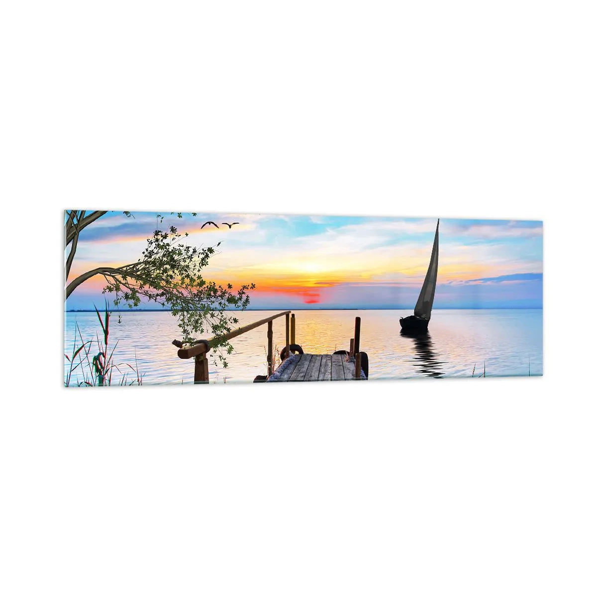 Quadro su vetro - Molo del lago con barca e tramonto - 160x50cm - Buona sera - Decorazione murale moderna per soggiorno e camera da letto ARTTOR