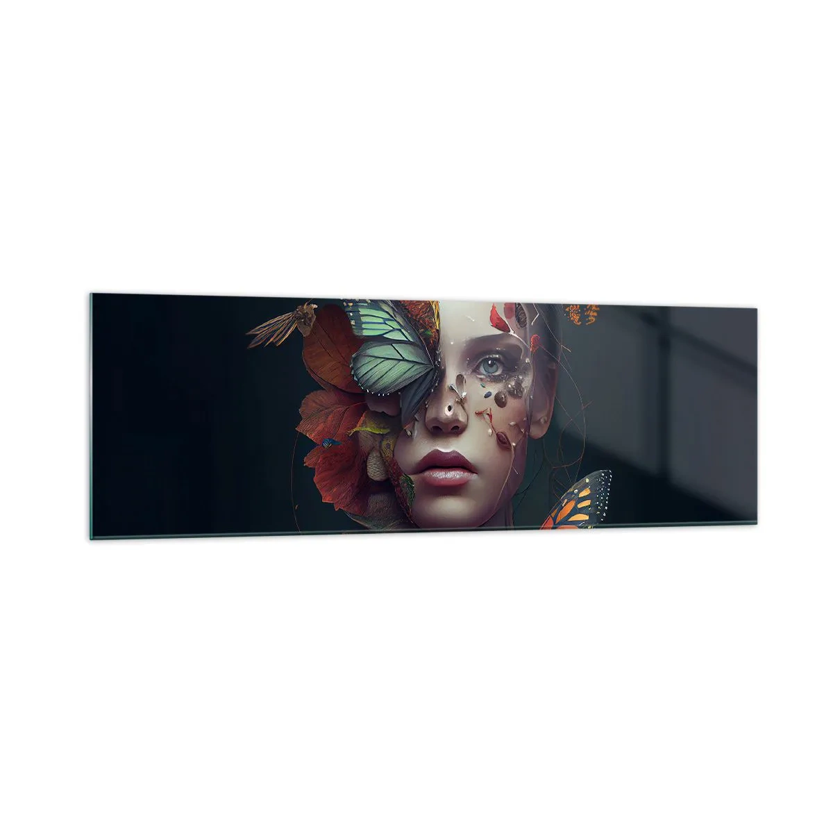 Quadro su vetro - Ritratto di donna con farfalle ed elementi vegetali - 160x50cm - Metamorfosi fantastica - Decorazione murale moderna per soggiorno e camera da letto ARTTOR