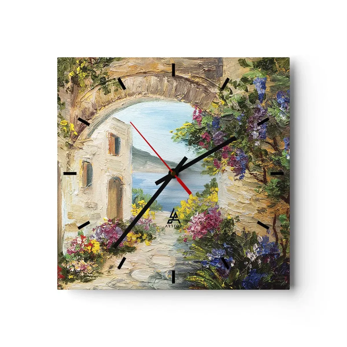 Orologio da parete - Orologio in Vetro - Paesaggio marino con edifici in pietra e fiori - 30x30cm - La bellezza della provincia costiera - Decorazione murale moderna per soggiorno e camera da letto ARTTOR