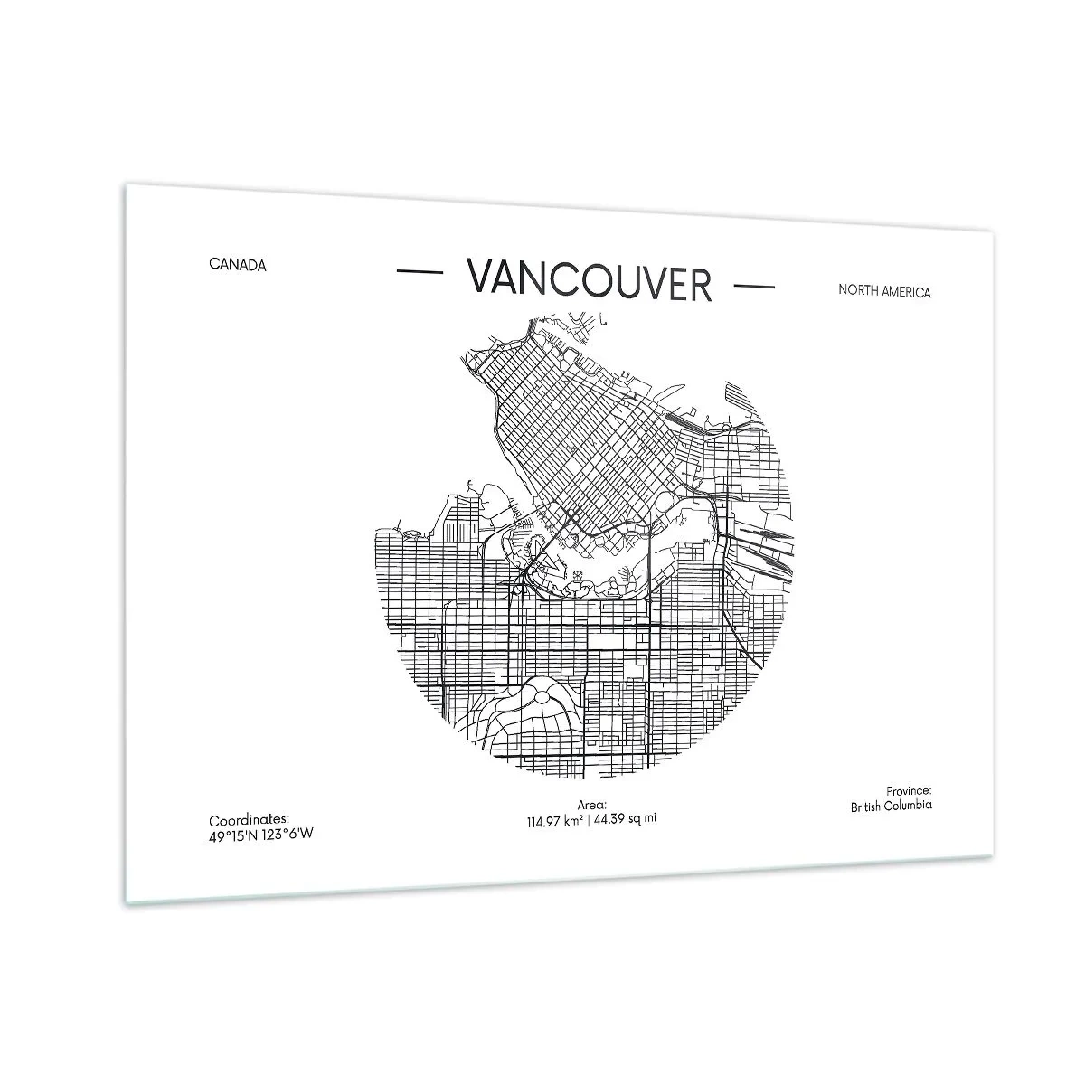 Quadro su vetro - Mappa stradale in bianco e nero di Vancouver - 100x70cm - Anatomia Vancouver - Decorazione murale moderna per soggiorno e camera da letto ARTTOR