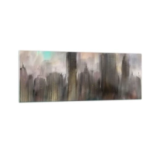 Quadro su vetro - Una visione artistica di un paesaggio urbano con grattacieli dai colori pastello. - 140x50cm - Composizione con acciaio, pietra e nebbia - Decorazione murale moderna per soggiorno e camera da letto ARTTOR