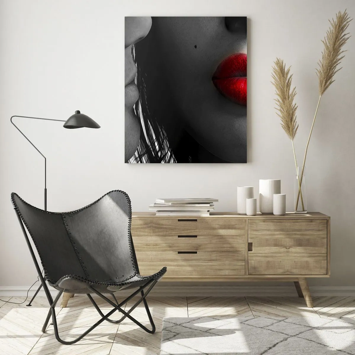 Quadro su vetro - Primo piano dei volti di una donna e di un uomo con le labbra rosse. - 70x100cm - Volto accanto al volto  - Decorazione murale moderna per soggiorno e camera da letto ARTTOR