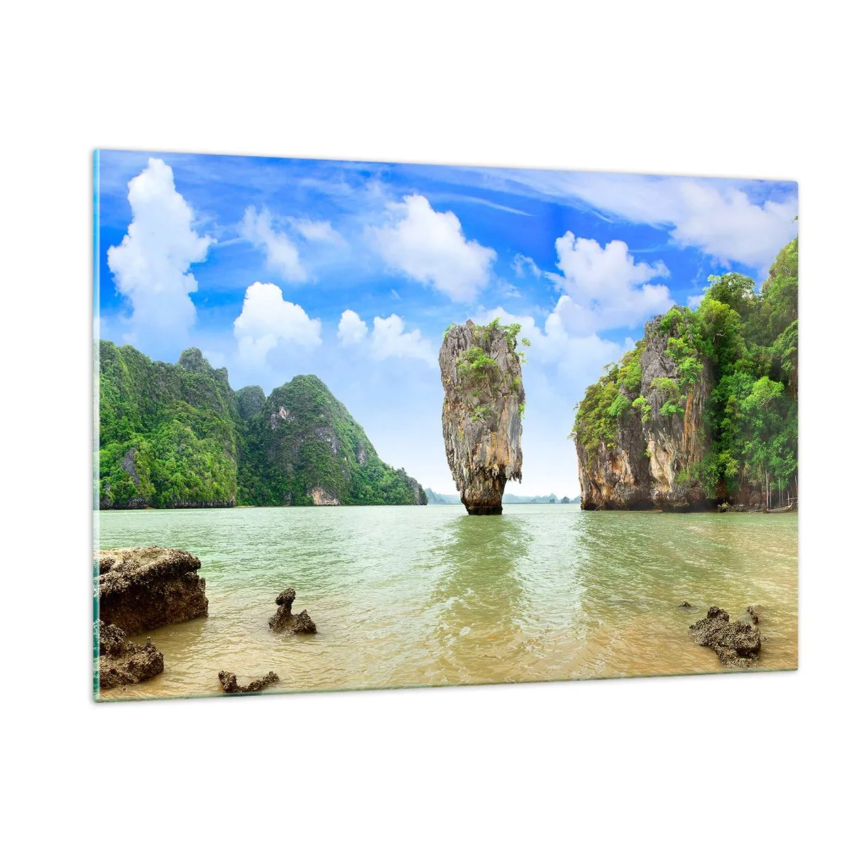 Quadro su vetro - Una roccia nell'acqua circondata da isole tropicali - 120x80cm - Meraviglie rocciose della natura - Decorazione murale moderna per soggiorno e camera da letto ARTTOR