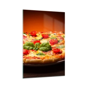 Quadro su vetro - Pizza con pomodori e basilico su un tavolo di legno - 70x100cm - Mamma mia! - Decorazione murale moderna per soggiorno e camera da letto ARTTOR