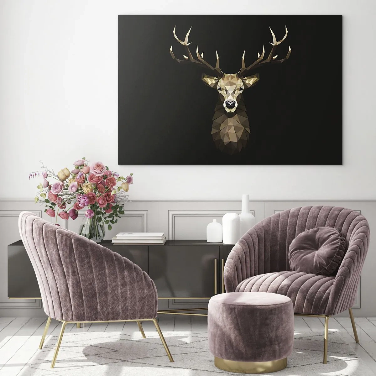 Quadro su vetro - Cervo geometrico su sfondo nero - 70x50cm - Cervo cubista - Decorazione murale moderna per soggiorno e camera da letto ARTTOR