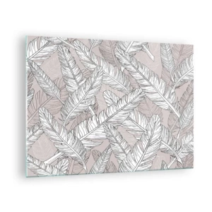 Quadro su vetro - Foglie in bianco e nero su sfondo beige in stile grafico - 70x50cm - Vortice di piume - Decorazione murale moderna per soggiorno e camera da letto ARTTOR