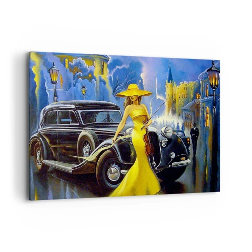 Quadro su tela - Stampe su Tela - Una donna con un vestito giallo e un violino accanto a un'auto d'epoca. - 120x80cm - Notturno per violino e amore - Decorazione murale moderna per soggiorno e camera da letto ARTTOR
