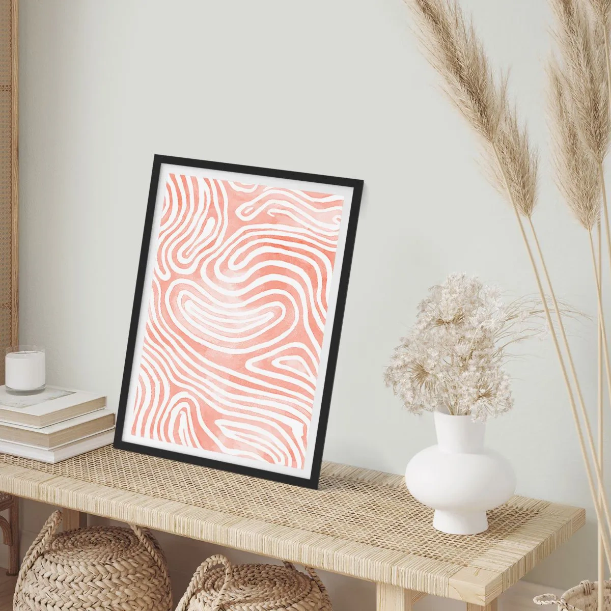 Poster in cornice nera - Linee astratte nei toni del salmone e del bianco - 50x70cm - Nel labirinto di corallo - Decorazione murale moderna per soggiorno e camera da letto ARTTOR