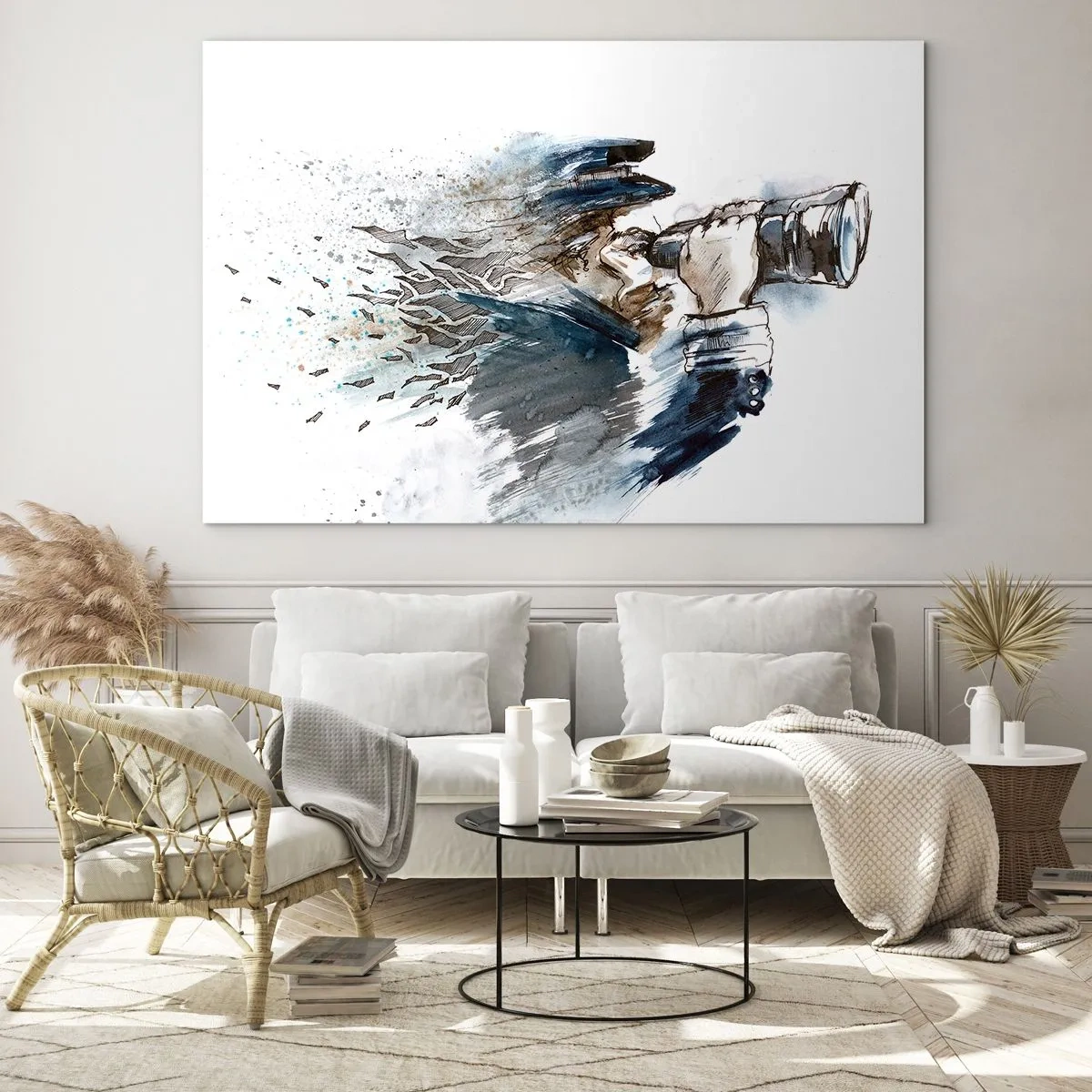 Quadro su vetro - Un uomo con un binocolo in una composizione dinamica ad acquerello - 70x50cm - Dieci gradi Beaufort! - Decorazione murale moderna per soggiorno e camera da letto ARTTOR