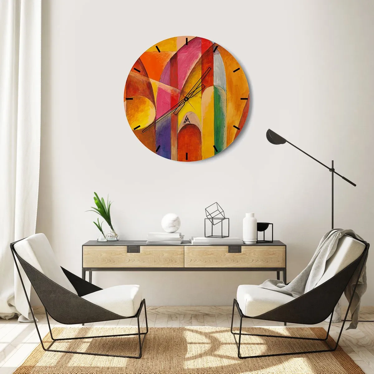 Orologio da parete - Orologio in Vetro - Astrazione colorata con forme geometriche - 30x30cm - La cattedrale del sole - Decorazione murale moderna per soggiorno, cucina e camera da letto ARTTOR