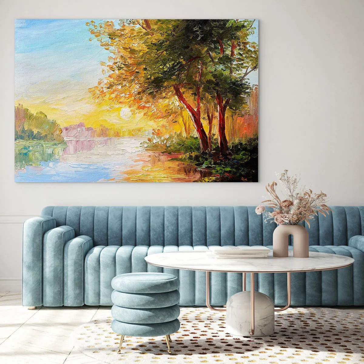 Quadro su vetro - Lago con alberi al tramonto - 100x70cm - Et in Arcadia ego - Decorazione murale moderna per soggiorno e camera da letto ARTTOR