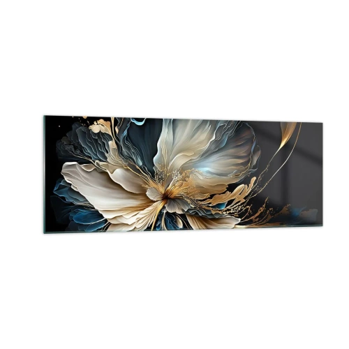 Quadro su vetro - Un fiore nei toni dell'oro e del blu navy su uno sfondo nero - 140x50cm - Fantastico fiore di felce - Decorazione murale moderna per soggiorno e camera da letto ARTTOR