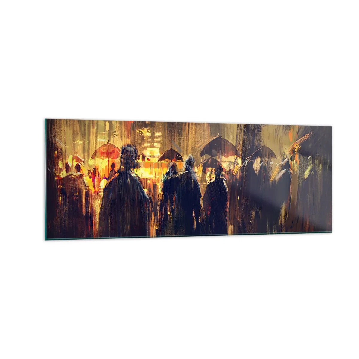 Quadro su vetro - Figure con ombrelli in una città piovosa di notte - 140x50cm - Gli adoratori della pioggia - Decorazione murale moderna per soggiorno e camera da letto ARTTOR