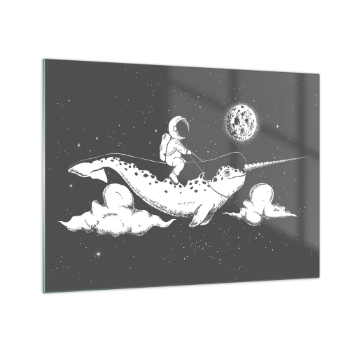 Quadro su vetro - Astronauta che cavalca un narvalo in un ambiente spaziale - 70x50cm - Il cavaliere dello spazio - Decorazione murale moderna per soggiorno e camera da letto ARTTOR