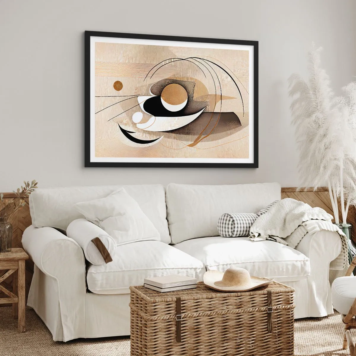Poster in cornice nera - Composizione astratta nei toni del beige e del nero - 70x50cm - Composizione: l'essenza delle cose - Decorazione murale moderna per soggiorno e camera da letto ARTTOR