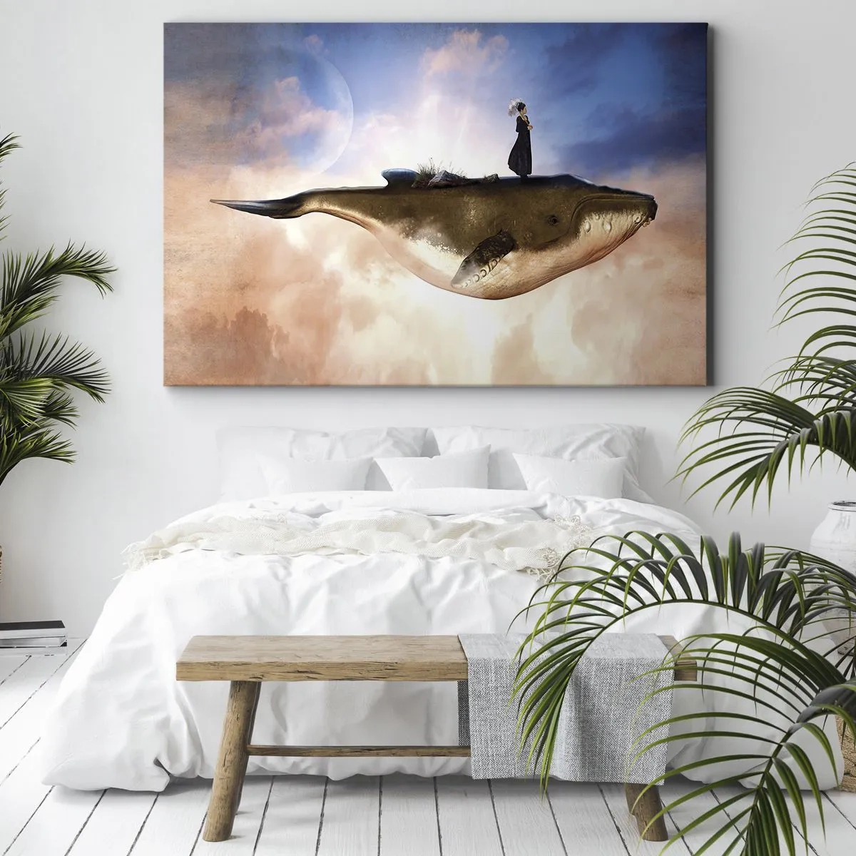 Quadro su tela - Stampe su Tela - Una scena fantastica di una donna su una balena tra le nuvole - 120x80cm - Viaggio surreale - Decorazione murale moderna per soggiorno e camera da letto ARTTOR