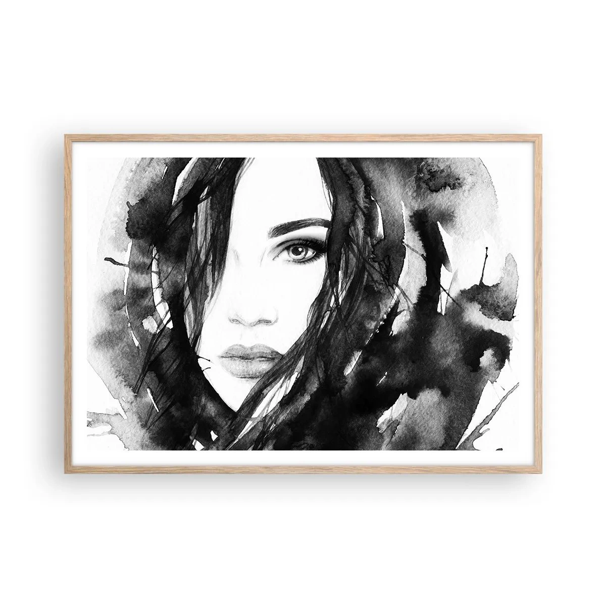 Poster in cornice rovere chiaro - Ritratto di donna in bianco e nero - 100x70 cm