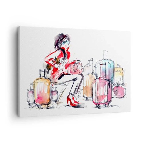 Quadro su tela - Stampe su Tela - Una donna con le valigie in un'illustrazione dinamica ad acquerello - 70x50cm - Sediamoci prima del viaggio - Decorazione murale moderna per soggiorno e camera da letto ARTTOR