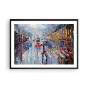 Poster in cornice nera - Una donna con un ombrello in una strada piovosa, illuminata dalle luci al neon. - 70x50cm - Pomeriggio di pioggia in città - Decorazione murale moderna per soggiorno e camera da letto ARTTOR