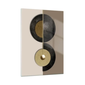 Quadro su vetro - Cerchi geometrici in oro e nero su sfondo beige - 50x70cm - Variazioni attorno al cerchio - Decorazione murale moderna per soggiorno e camera da letto ARTTOR