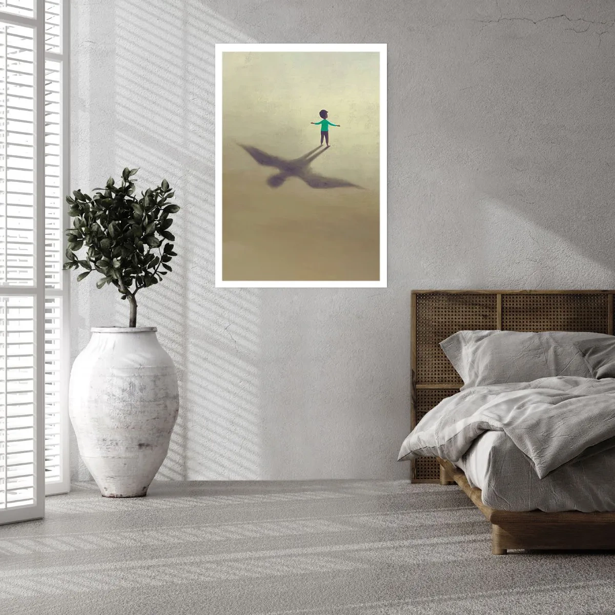 Poster - Un bambino con l'ombra di un uccello contro un cielo pastello - 50x70cm - Eroe del futuro - Decorazione murale moderna per soggiorno e camera da letto ARTTOR