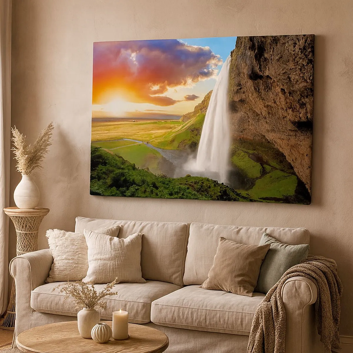 Quadro su tela - Stampe su Tela - Una cascata in un paesaggio pittoresco al tramonto - 70x50cm - Nel mezzo dell'estate islandese - Decorazione murale moderna per soggiorno e camera da letto ARTTOR