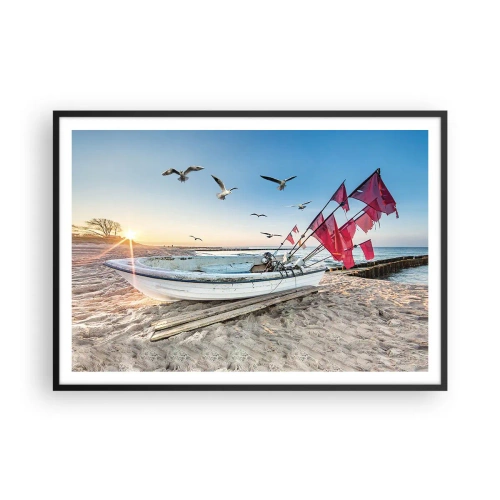 Poster in cornice nera - Una barca sulla spiaggia all'alba con gabbiani e bandiere rosse - 100x70cm - Meritato riposo - Decorazione murale moderna per soggiorno e camera da letto ARTTOR