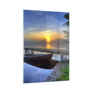Quadro su vetro - Una barca al molo all'alba sul lago - 50x70cm - Come la normalità diventa magica - Decorazione murale moderna per soggiorno e camera da letto ARTTOR