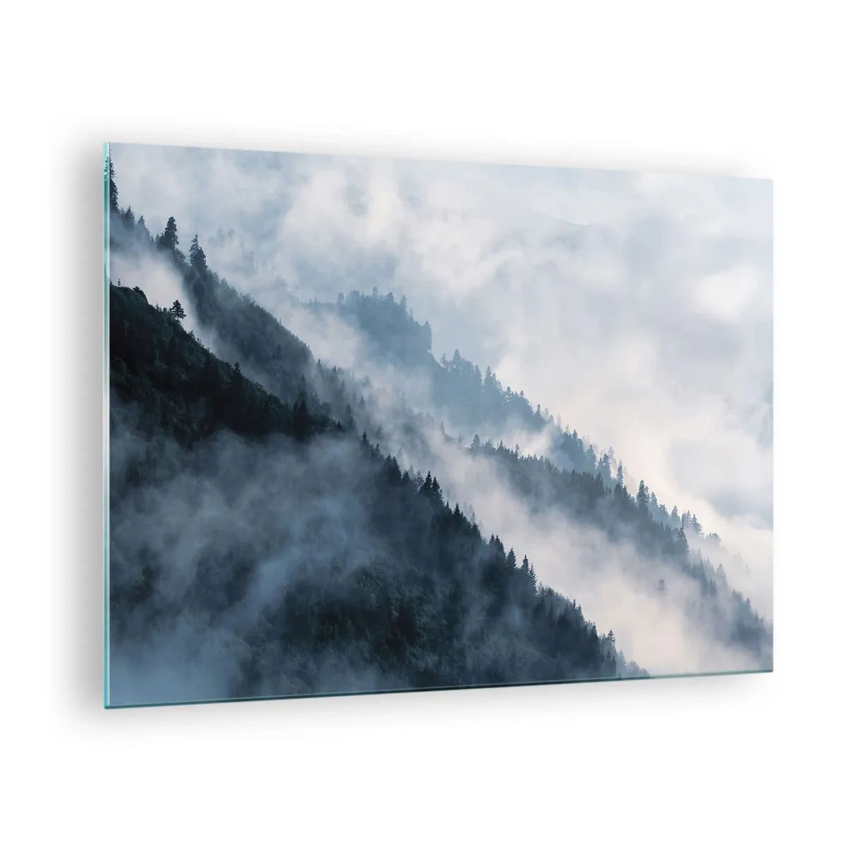 Quadro su vetro - Panorama montano nebbioso con una foresta oscura - 70x50cm - La mistica dei monti - Decorazione murale moderna per soggiorno e camera da letto ARTTOR
