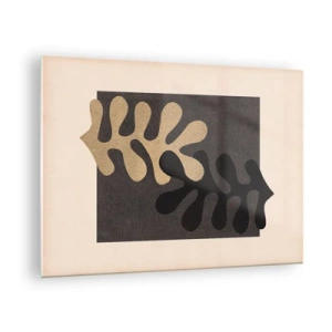 Quadro su vetro - Forme astratte in nero e beige su uno sfondo geometrico - 70x50cm - Assenza e completamento - Decorazione murale moderna per soggiorno e camera da letto ARTTOR